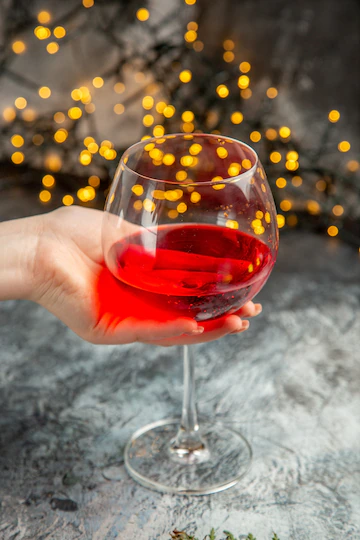 Vertical View Hand Holding Glass Dry Red Wine Gray Background 140725 141358