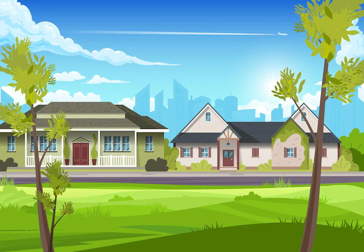 View Two Suburban Country Houses With Thin Trees Foreground Flat Illustration 1284 62934