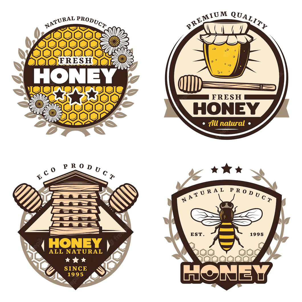 Vintage Colored Honey Emblems Set With Letterings Honeycombs Flowers Jar Stick Hive Bee Isolated 1284 38895