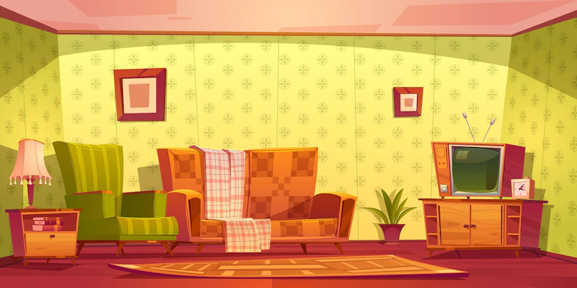Vintage Interior Living Room With Couch Armchair Clock Tv Stand 107791 5234
