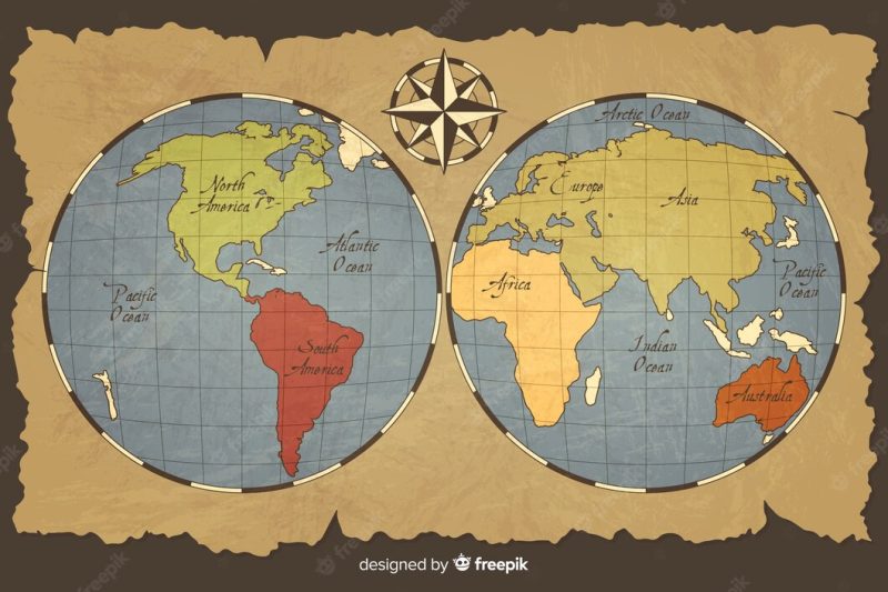 Vintage world map with planet Free Vector