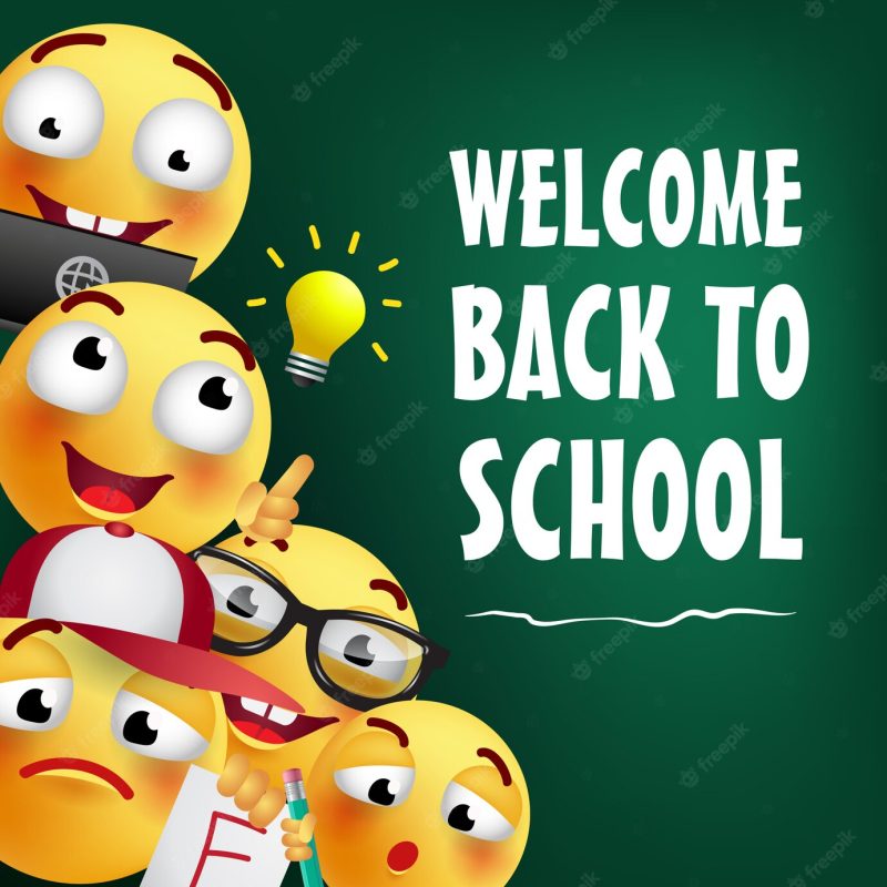Welcome back to school lettering with happy emojies Free Vector