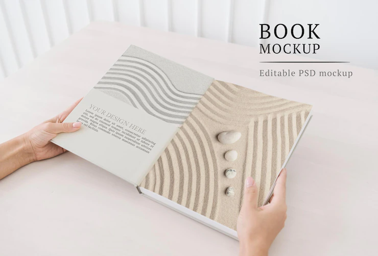 Wellness Book Mockup Psd With Zen Sand Stones Pages 53876 114455