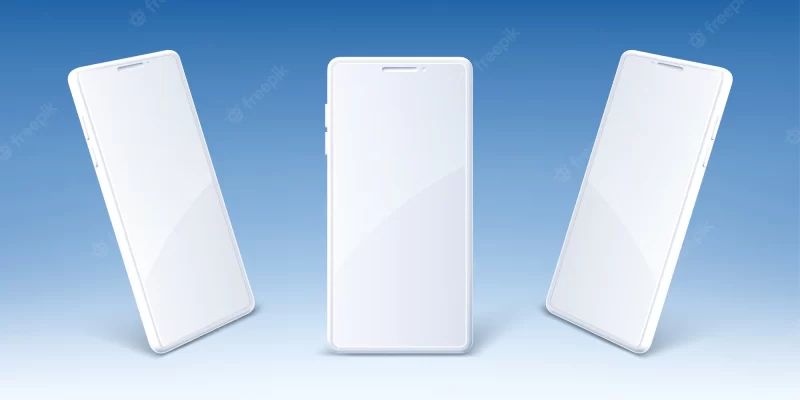 White mobile phone with blank screen in front and perspective view. realistic mockup
