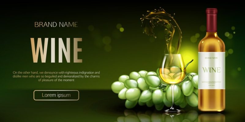 White wine bottle and glass banner Free Vector