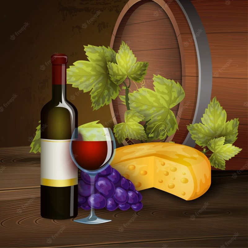 Wine bottle and oak barrel background Free Vector