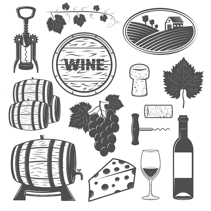 Wine Monochrome Objects Set With Vine Wooden Barrels Bunch Grapes Cheese Signboard Corkscrews Isolated 1284 33648