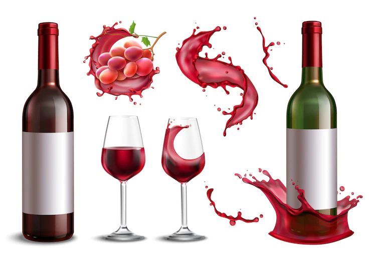 Wine Splash Collection With Isolated Realistic Images Red Wine Bottles Bunch Grapes Glasses Illustration 1284 28555