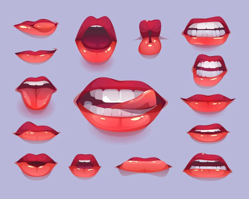 Woman mouth icon set. red sexy lips expressing emotions Free Vector