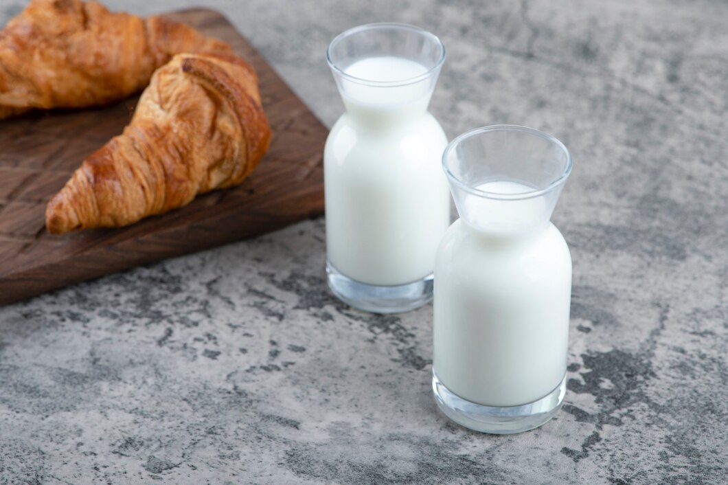 Wooden Cutting Board Fresh Croissants White Glass Pitchers Milk 114579 36687