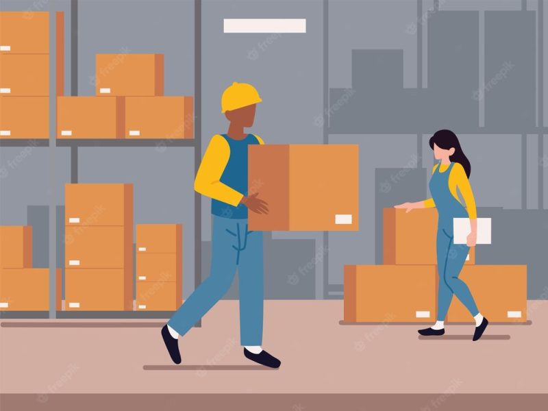 Work at warehouse, workers and packages Free Vector