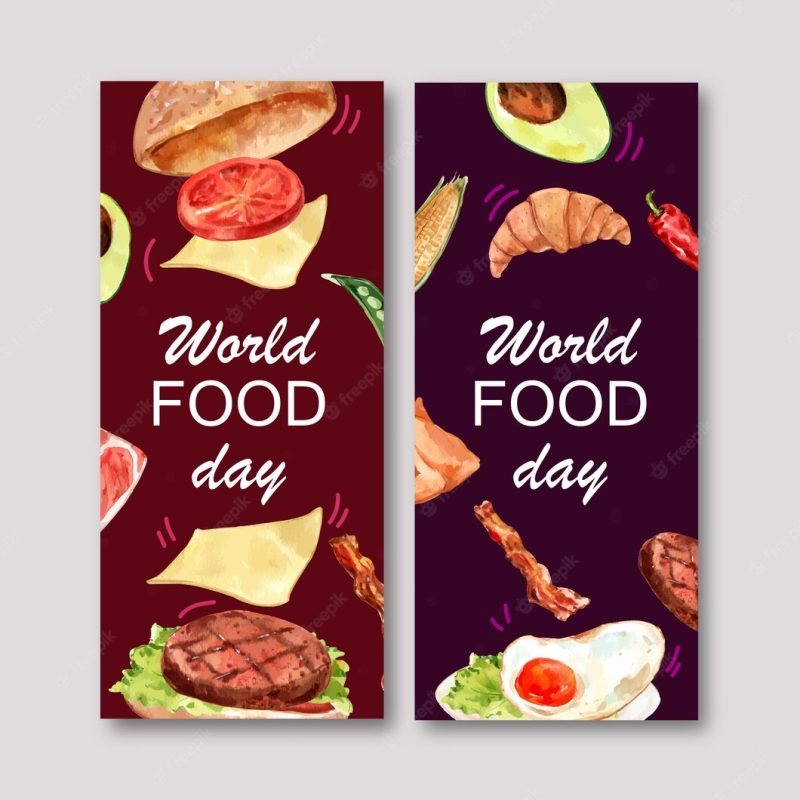 World food day flyer with hamburger, fried egg watercolor illustration. Free Vector