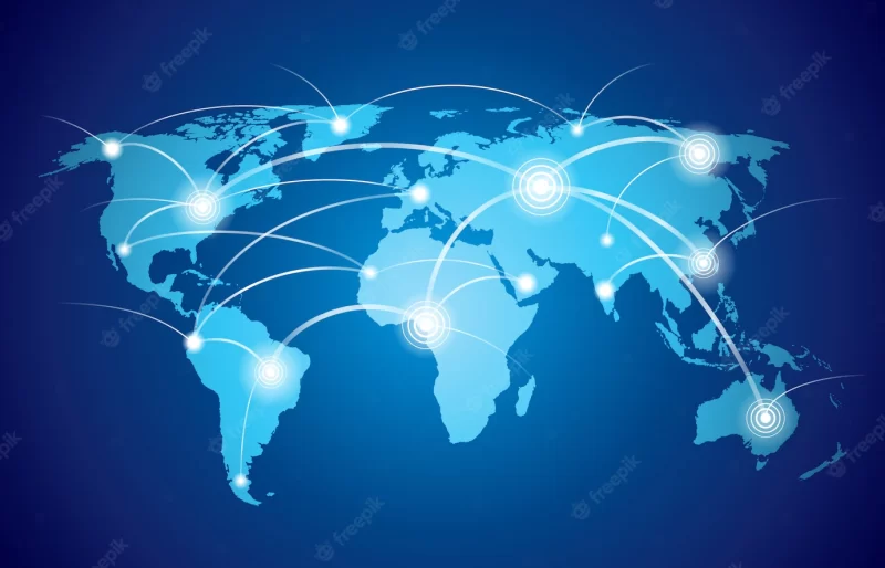 World map with global technology or social connection network with nodes and links vector illust World map with global technology or social connection network with nodes and links vector illust