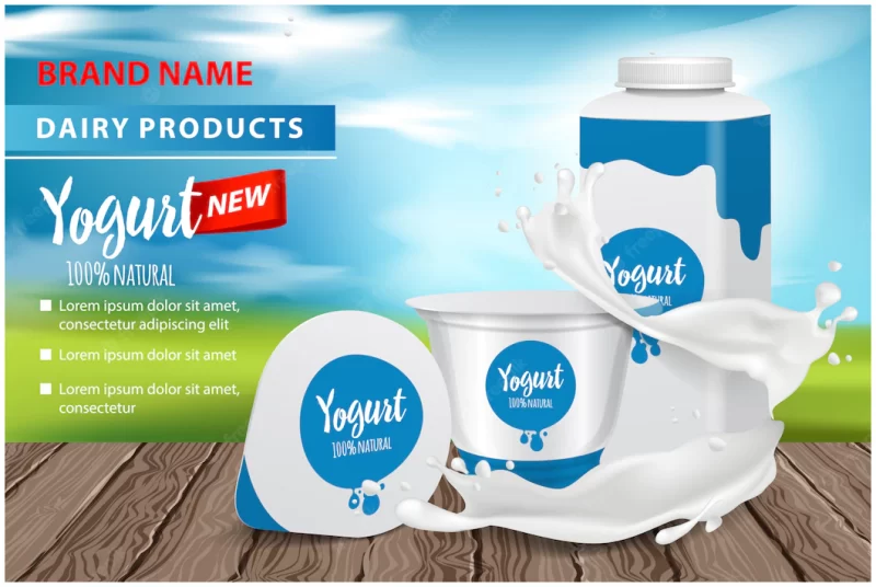 Yogurt ads, appetizing square plastic bottle and round pot with yogurt splash , illustration for web or magazine Premium Vector