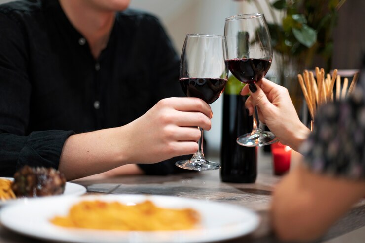 Young Couple Celebrating Valentine S Day While Having Lunch Wine Together 23 2149216152