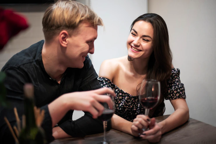 Young Couple Celebrating Valentine S Day While Having Lunch Wine Together 23 2149216163