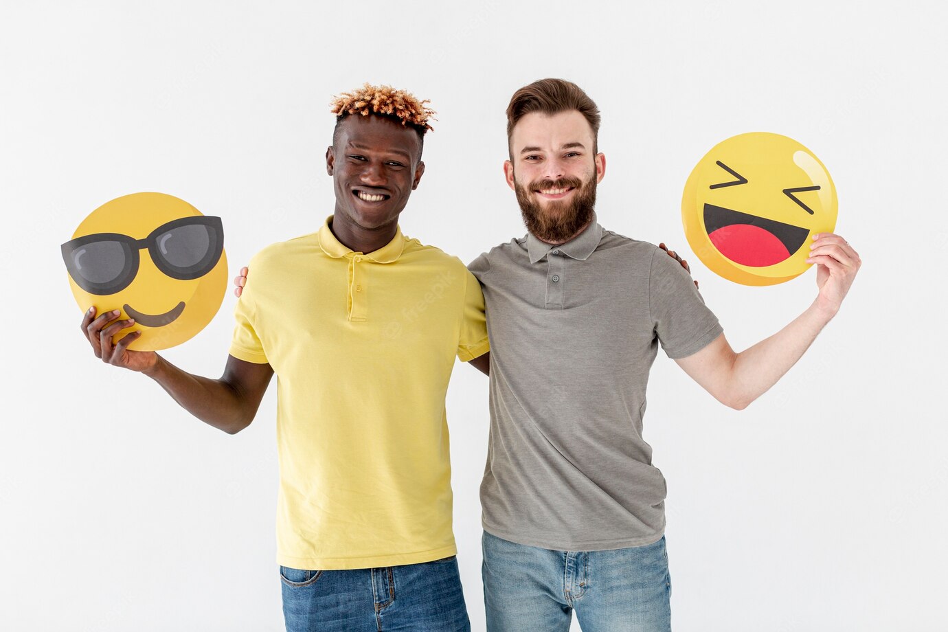 Young Male Friends Holding Emoji 23 2148342062