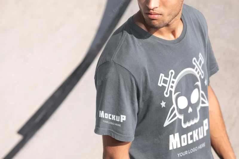 Young male skateboarder with mock-up t-shirt Free Psd