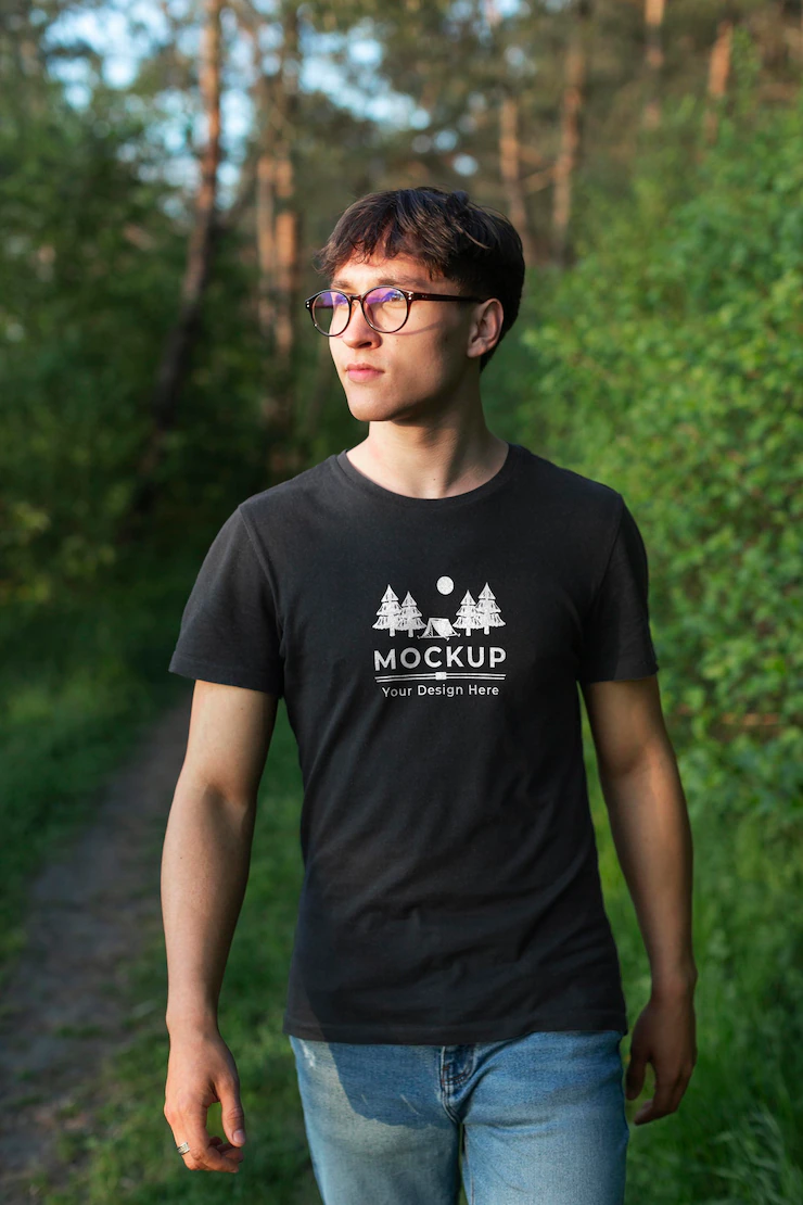 Young man wearing a mock-up t-shirt in the nature Free Psd
