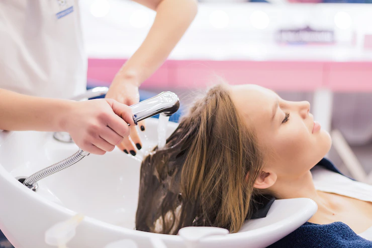 Young Woman Getting New Hairstyle Professional Hair Styling Saloon Hairdresser Is Massaging Her Head 231208 10831