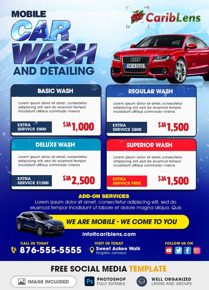 Car Wash flyer or poster PSD Social media template free download