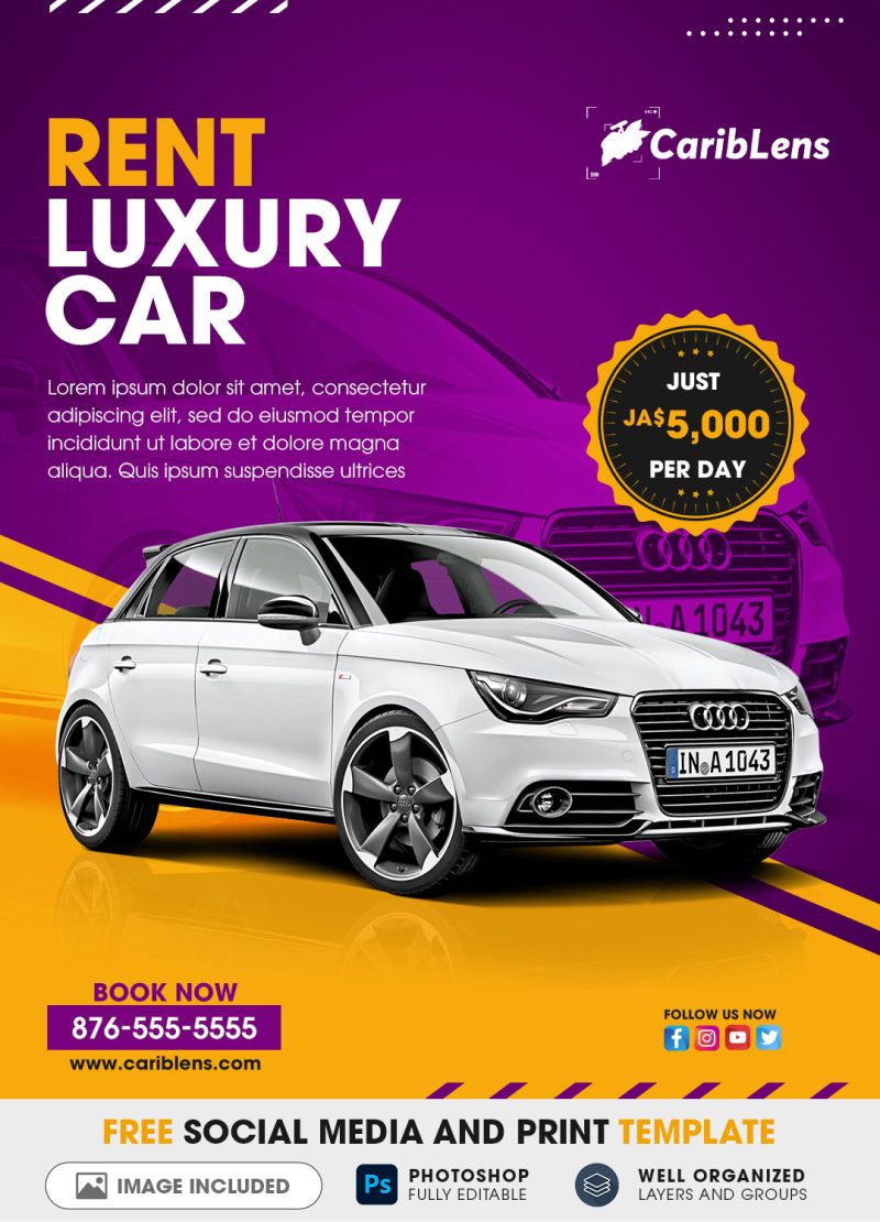 Luxury car rental flyer or poster social media template free download