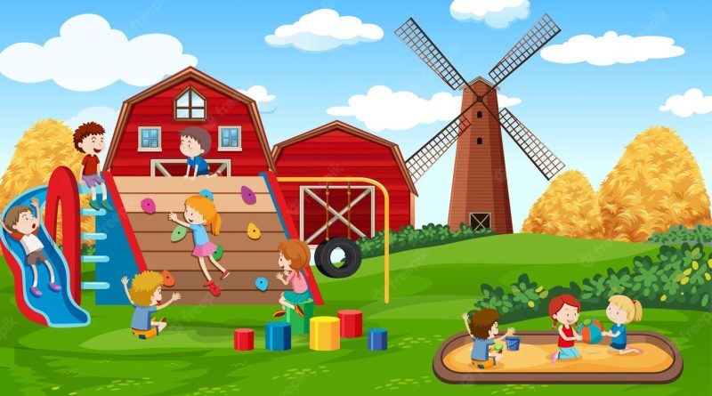 Active kids playing in outdoor scene Free Vector