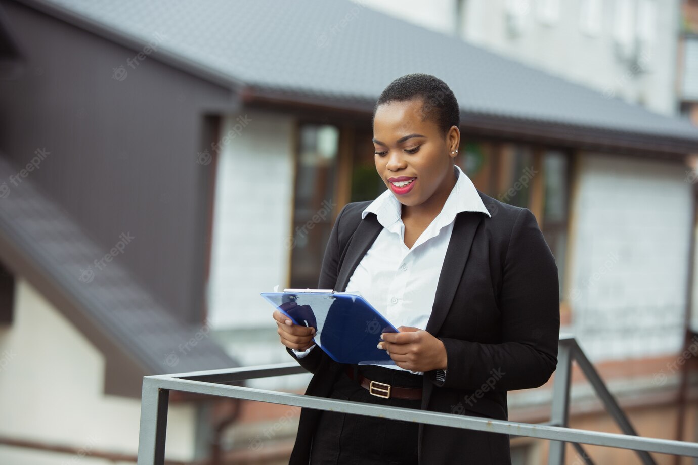 African American Businesswoman Office Attire Smiling Looks Confident Happy Busy 155003 7443