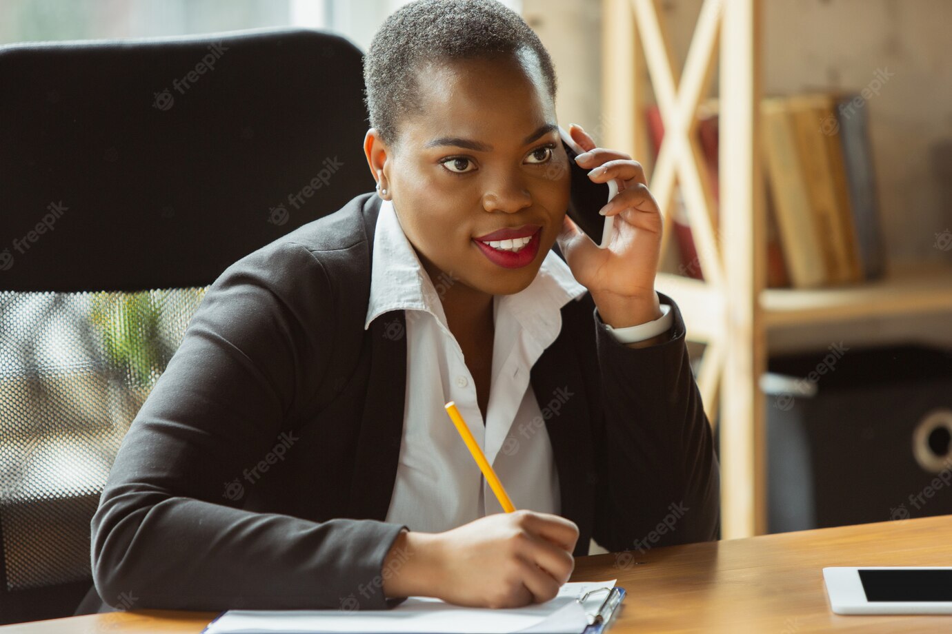 African American Businesswoman Office Attire Smiling Looks Confident Happy Busy 155003 7470