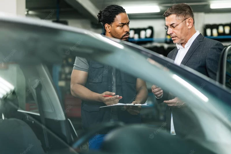 African american car mechanic talking to a businessman in auto repair shop Free Photo