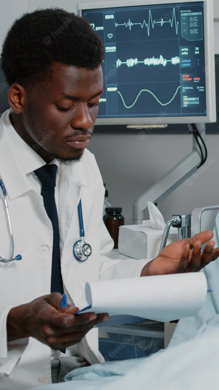 African American Doctor Consulting Patient With Iv Drip Bag General Practitioner Checking Examination Files Treat Person With Disease Cure With Prescription Treatment Medicine 482257 33816