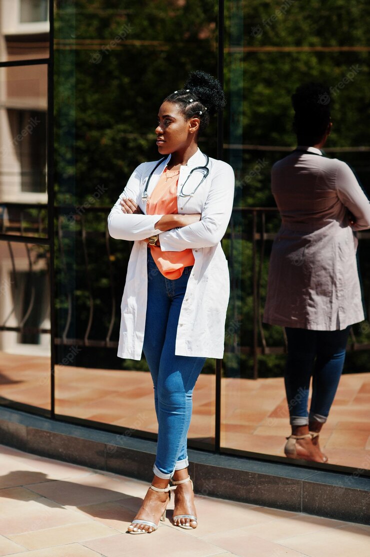 African American Doctor Female Lab Coat With Stethoscope Posed Outdoor Against Clinic 627829 2897