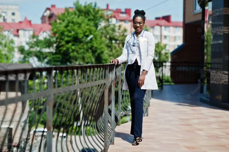 African american doctor female at lab coat with stethoscope posed outdoor against clinic Free Photo