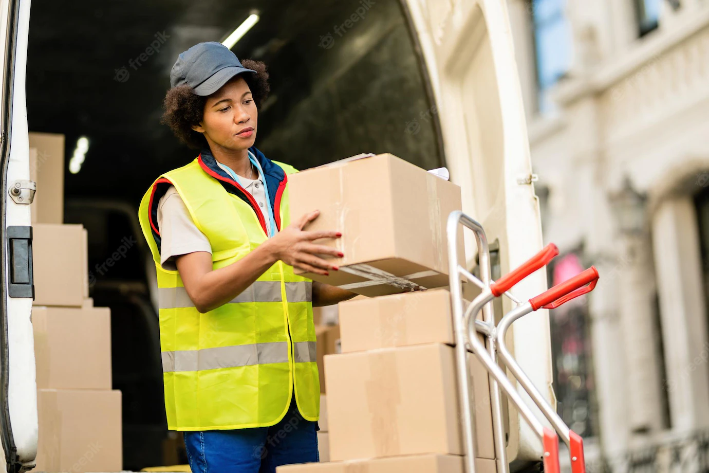 African American Female Courier Unloading Packages From Delivery Truck 637285 2169