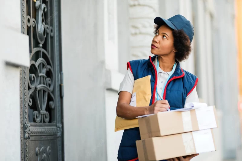 African American female deliverer writing notes while dispatching packages in the city Free Photo