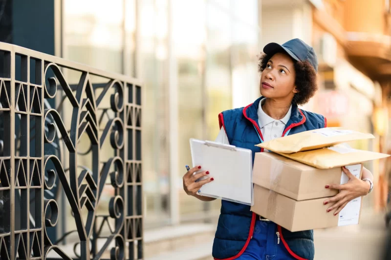 African american female postal worker carrying packages while delivering them in residential district Free Photo