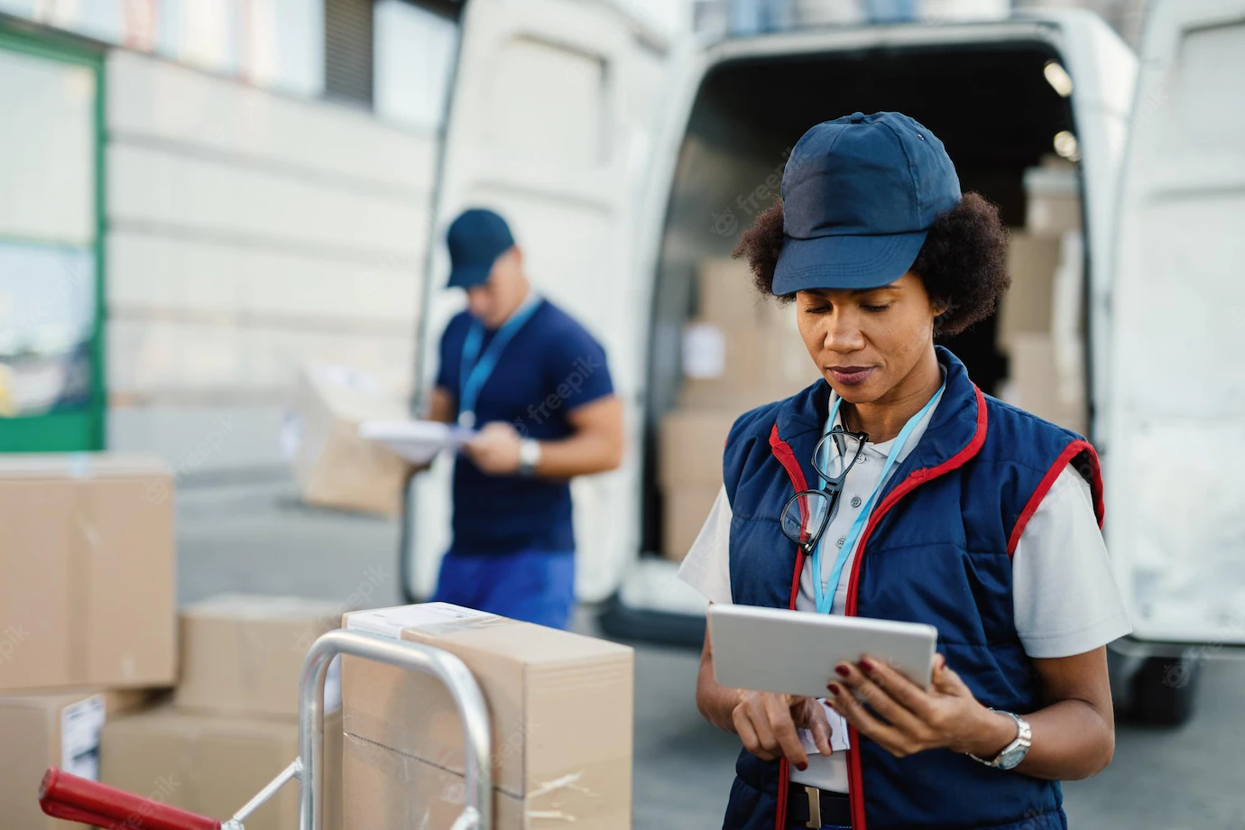 African American Female Worker Making Inventory Packages Organizing Delivery Schedule Digital Tablet Her Colleague Is Working Background 637285 2227