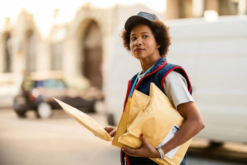 African American mail woman delivering packages and looking away in the city Free Photo