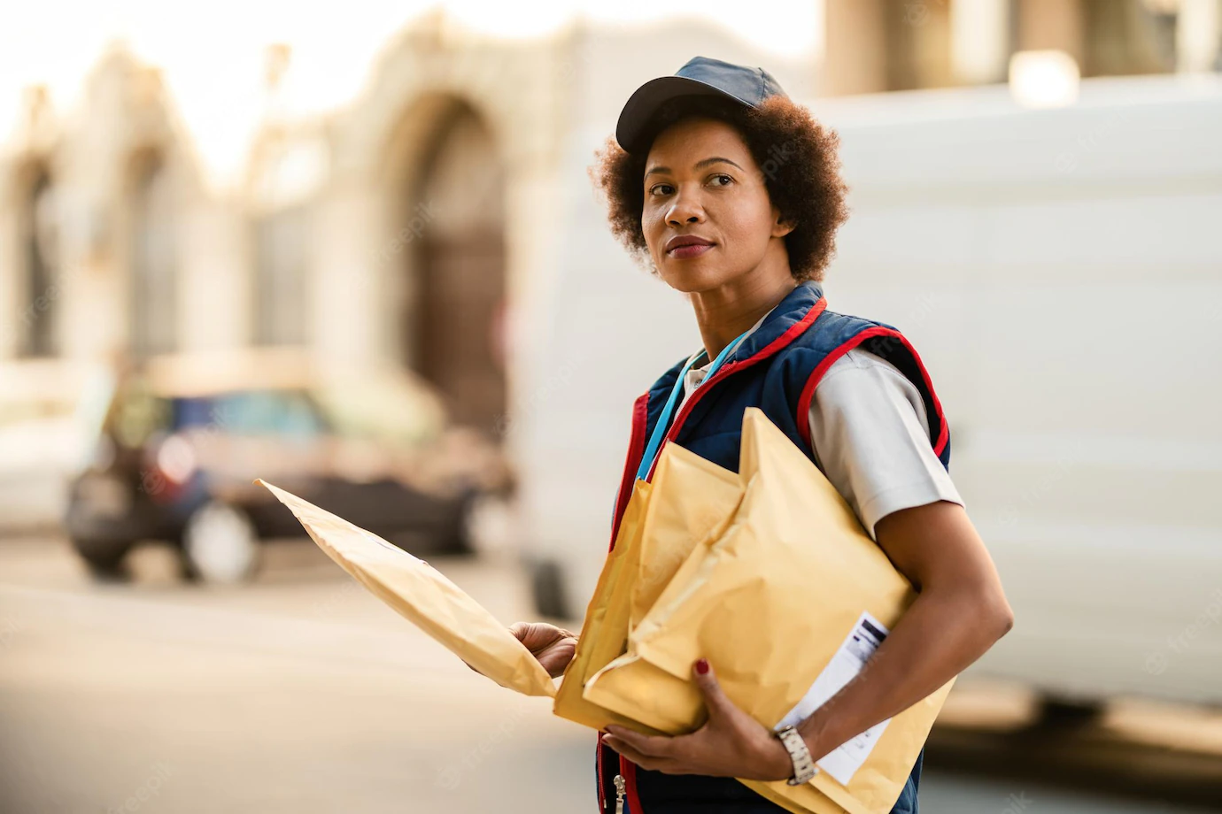 African American Mailwoman Delivering Packages Looking Away City 637285 2102