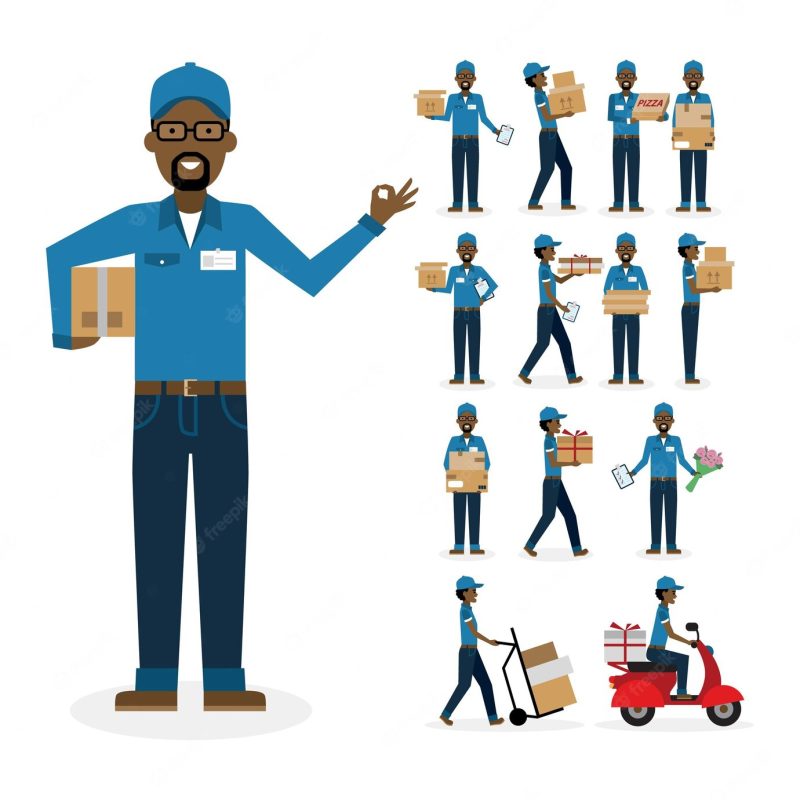 African american postman set. isolated african american cartoon character. white background. driver boxes clipboard pizza gift and more Free Vector