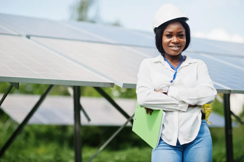 African american technician check the maintenance of the solar panels black woman engineer at solar station Free Photo