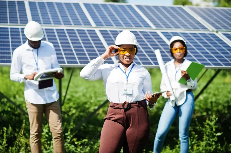 African american technician checks the maintenance of the solar panels group of three black engineers meeting at solar station Free Photo