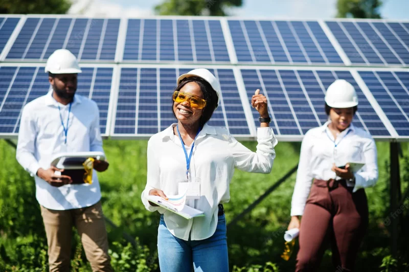 African american technician checks the maintenance of the solar panels group of three black engineers meeting at solar station Free Photo