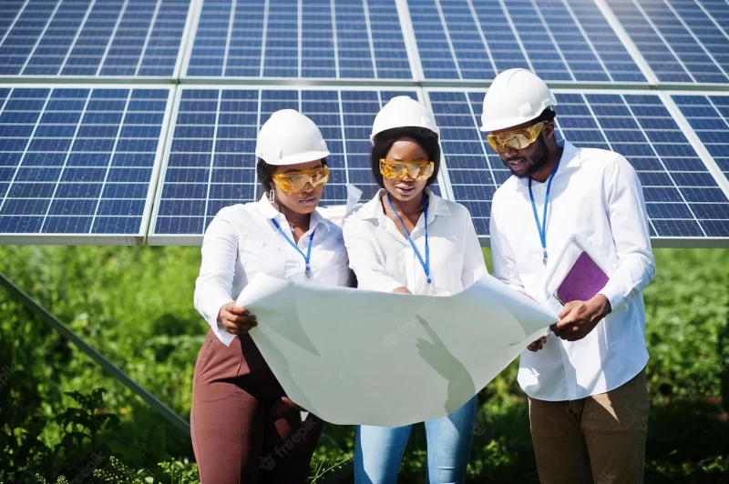 African american technician checks the maintenance of the solar panels group of three black engineers meeting at solar station Free Photo