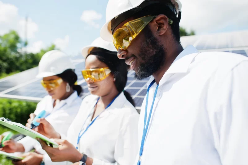 African american technician checks the maintenance of the solar panels group of three black engineers meeting at solar station Free Photo