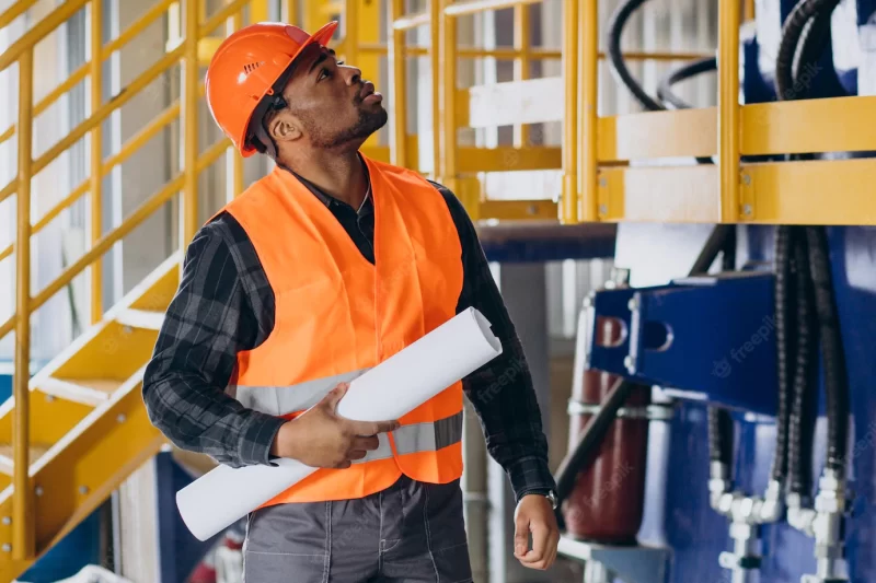 African american worker standing in uniform wearing a safety hat in a factory Free Photo