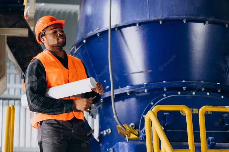 African american worker standing in uniform wearing a safety hat in a factory Free Photo