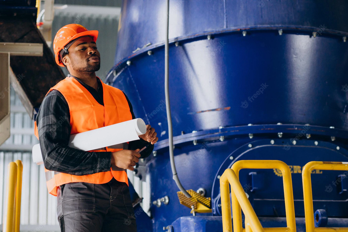 African American Worker Standing Uniform Wearing Safety Hat Factory 1303 30610