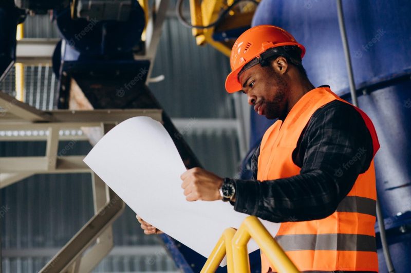 African american worker standing in uniform wearing a safety hat in a factory Free Photo