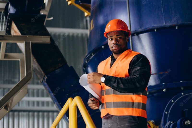 African american worker standing in uniform wearing a safety hat in a factory Free Photo